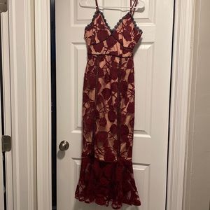 Lulu’s Alluring Dream Burgundy Floral Mesh Lace Trumpet Midi Dress
